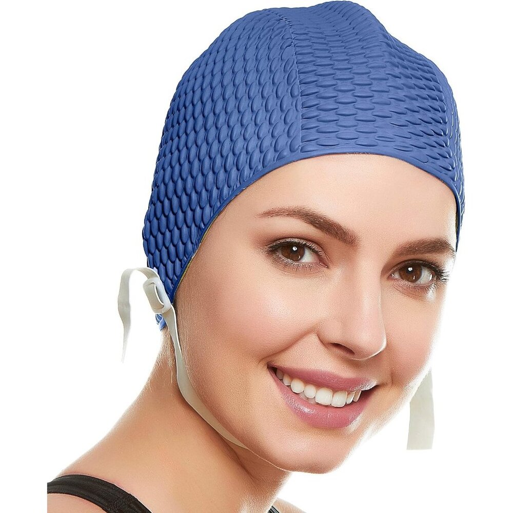 Beemo Swim Cap Women Chin Strap Bubble Crepe Latex Long Short Hair - Navy